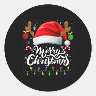 Merry Christmas Red Santa Hat Reindeer Xmas Family Classic Round Sticker
