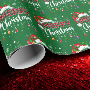 Merry Christmas Red Santa Hat Reindeer Xmas Green Wrapping Paper