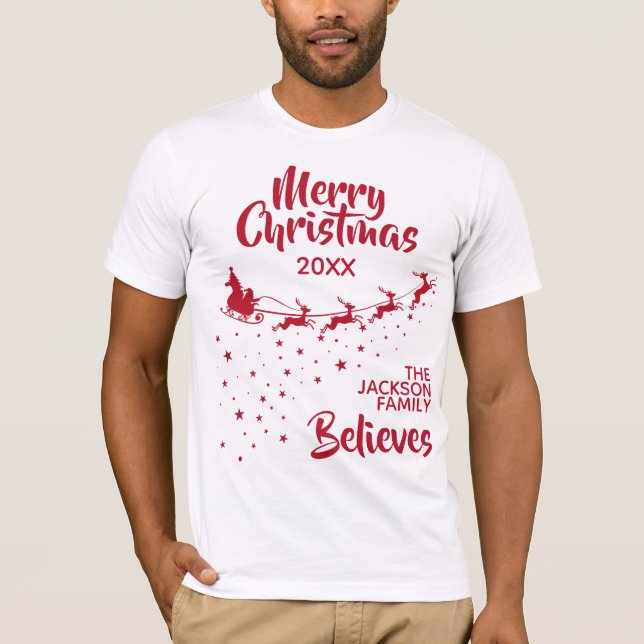 Merry Christmas red Santa sleigh matching family T-Shirt (Front)