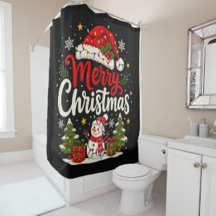 Merry Christmas Red Santa Snowman Xmas Lights Shower Curtain