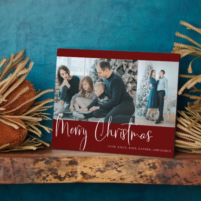 Merry Christmas Red Script 2 Photo Collage Holiday Plaque (Side)