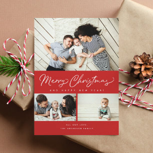 Merry Christmas Red Script 3 Collage Multi-Photo Holiday Card