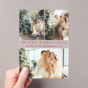 merry christmas red script 3 photo holiday card acrylic invitations