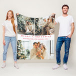 merry christmas red script 3 photos collage chic fleece blanket<br><div class="desc">background deco by freepik.com
elegant merry christmas red script three photos collage holiday blanket</div>