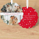 merry christmas red script 3 photos collage chic tree decoration card<br><div class="desc">background photos by freepik.com
elegant stylish merry christmas red script three photos collage Ornament Card</div>