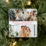 merry christmas red script 3 photos collage family ceramic ornament<br><div class="desc">background photos by freepik.com
elegant stylish merry christmas red script three photos family collage Ornament Card</div>