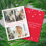 merry christmas red script 3 photos collage modern holiday card<br><div class="desc">background deco by freepik.com
elegant merry christmas red script three photos collage holiday Note Card 
two sided card, on the back side holiday message, custom.</div>