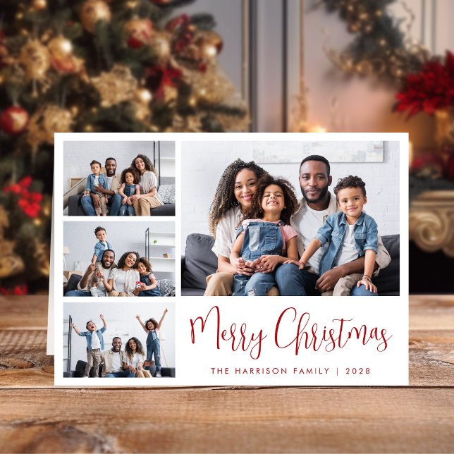 Merry Christmas Red Script 4 Photo Holiday Card (Share the love and warmth of the season with a personalized photo Christmas card)