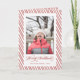 Merry Christmas Red Script Calligraphy Stripes Holiday Card