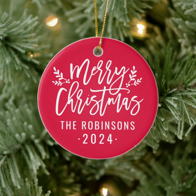 Merry Christmas Red Script Custom Family Photo Ceramic Tree Decoration (Tree)