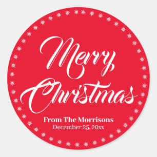 Merry Christmas red script custom name favours Classic Round Sticker