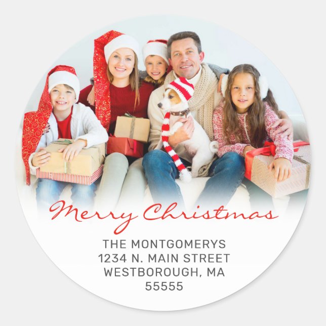 Merry Christmas Red Script Family Photo Address Classic Round Sticker (Front)