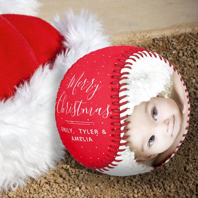 Merry Christmas Red Script Family Photo Collage Baseball (Creator Uploaded)