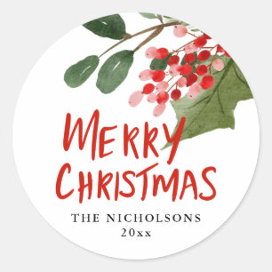 Merry Christmas Red Script Holiday Berry Classic Round Sticker