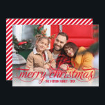 Merry Christmas Red Script Photo Overlay Holiday Card<br><div class="desc">Simply chic holiday photo greeting card features "Merry Christmas" in a modern beautiful script with scrolling detail in Red.  Red diagonal stripes add interest to the back of the card - use "customise it" to edit the red background colour.</div>
