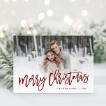 Merry Christmas Red Script Photo Overlay Holiday Card<br><div class="desc">Affordable custom printed Christmas photo cards with simple templates for customisation. This stylish modern design features burgundy red script Merry Christmas typography overlaid on your full bleed photo. Personalise it with your photos, family name, the year or other custom text. Folded greeting cards are blank inside. Use the design tools...</div>