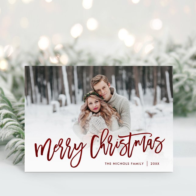 Merry Christmas Red Script Photo Overlay Holiday Card (Creator Uploaded)
