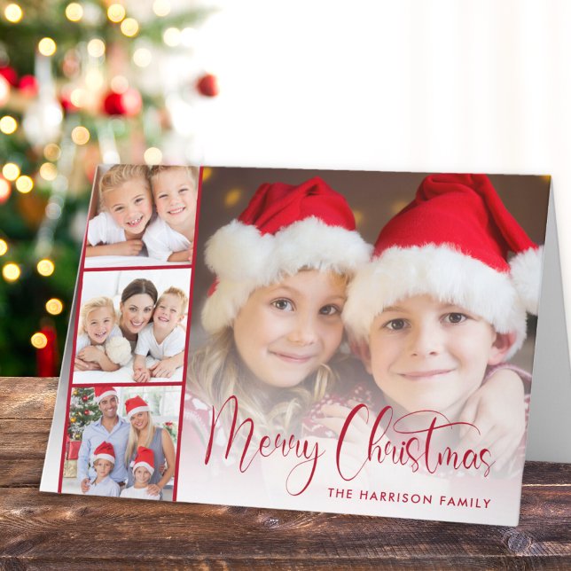 Merry Christmas Red Script Photo Strip Holiday Card (Share the love and warmth of the season with your personalized photo Christmas card)