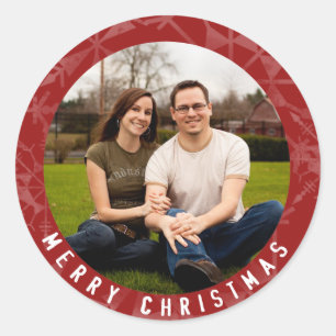 Merry Christmas Red Snowflake Photo Classic Round Sticker