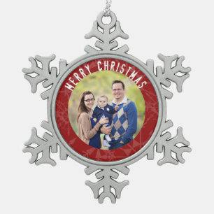 Merry Christmas Red Snowflake Photo Snowflake Pewter Christmas Ornament