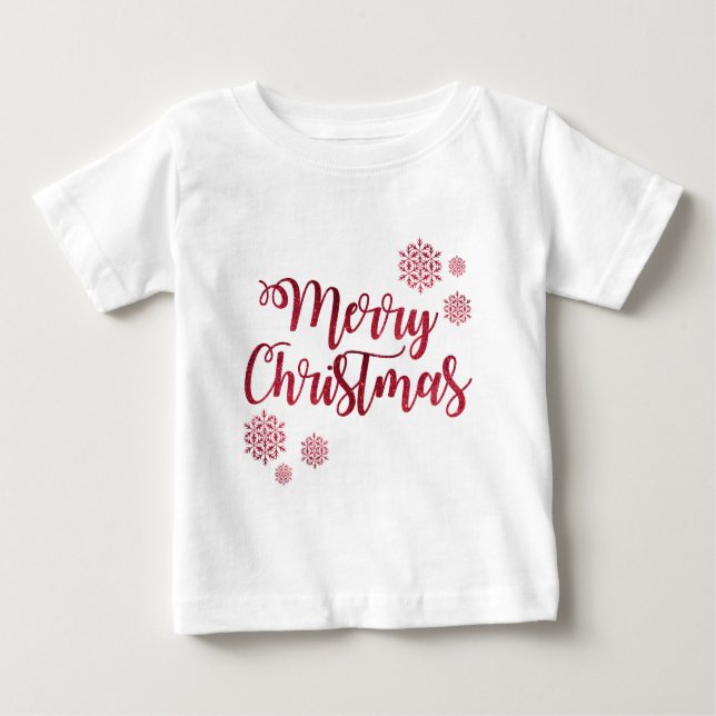 Merry Christmas Red Snowflake Typography Baby T-Shirt (Front)