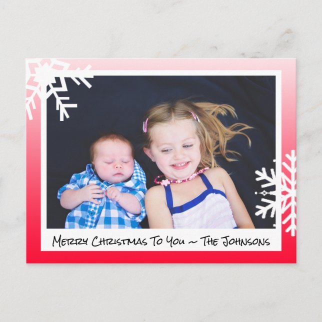 Merry Christmas Red Snowflakes Family Photo Card (Front)