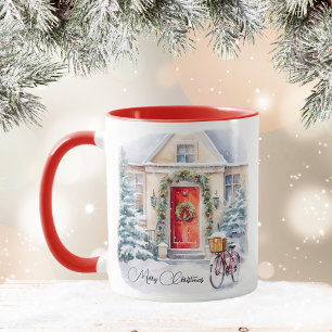 Merry Christmas Red Snowy Cottage Coffee Mug