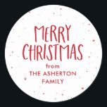 Merry Christmas red stars dots personalised Classic Round Sticker<br><div class="desc">Merry Christmas! This red and white holiday gift sticker is a fun and festive touch to all your Christmas presents. Featuring hand-drawn stars and dots along with a "Merry Christmas, " this simple gift tag design also has room for custom text. Find matching gift wrap as well as holiday photo...</div>