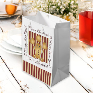Merry Christmas Red Stripe Cute Gingerbread Man Medium Gift Bag