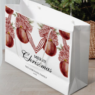 Merry Christmas Red Striped Ornament Holiday Large Gift Bag