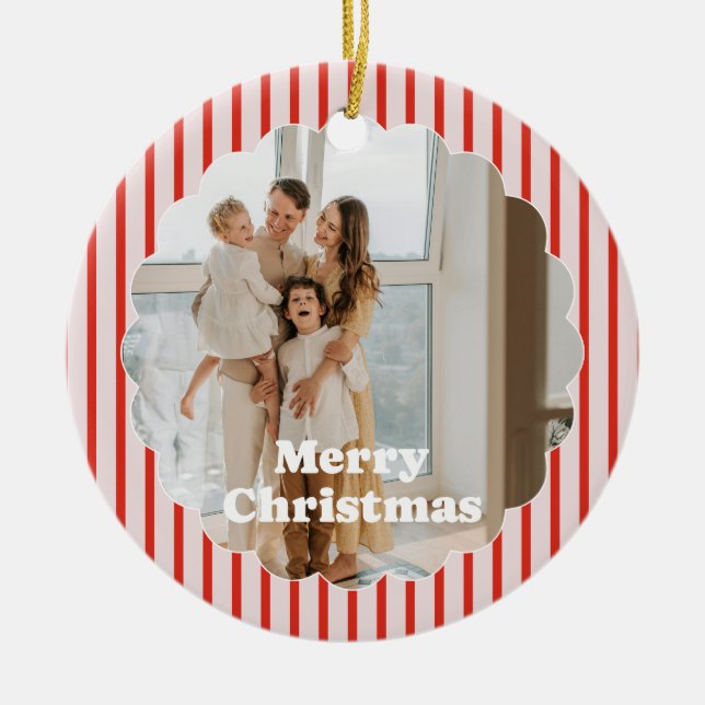 Merry Christmas Red Striped Retro 2 Photo Ornament (Front)