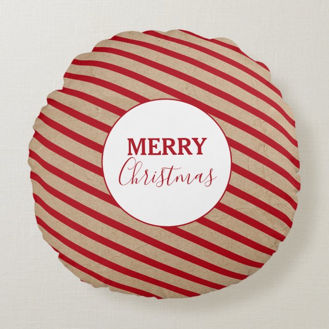 Merry Christmas Red Stripes Kraft Rustic Round Cushion (Front)