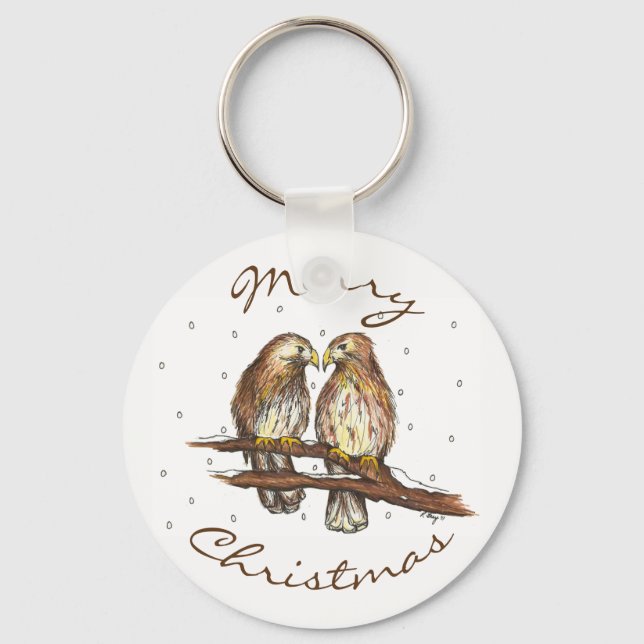Merry Christmas Red Tailed Hawk Love Bird Snow Key Ring (Front)