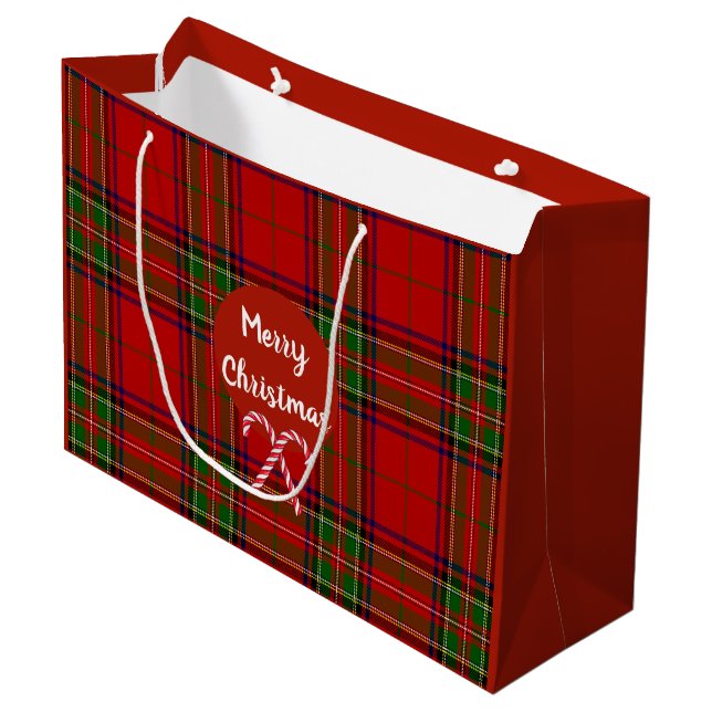Merry Christmas Red Tartan Plaid Candy Canes Large Gift Bag (Front Angled)