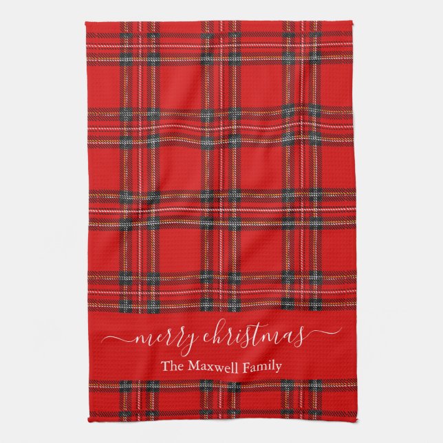 Merry Christmas red tartan plaid script name Tea Towel (Vertical)
