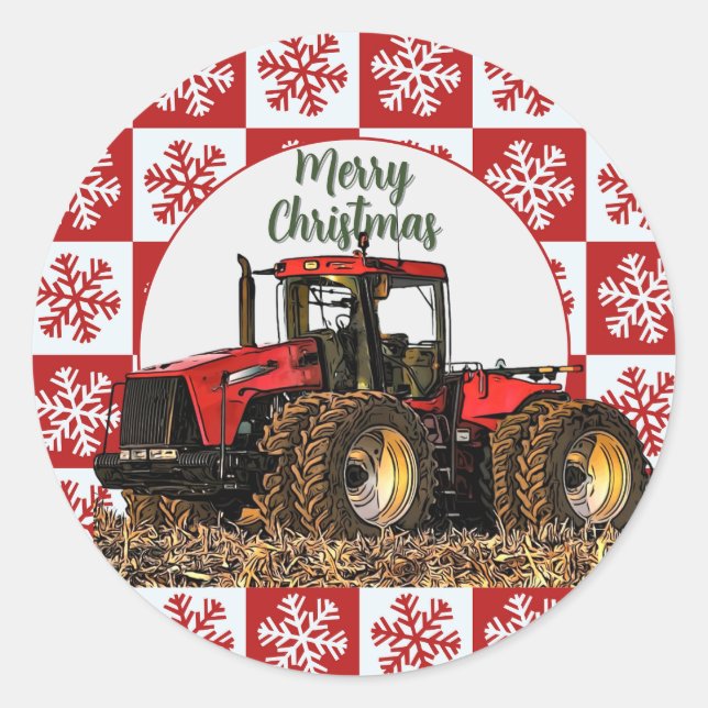 Merry Christmas Red Tractor Farm Holiday Snowflake Classic Round Sticker (Front)