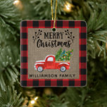 Merry Christmas Red Truck Buffalo Check Family Ceramic Ornament<br><div class="desc">Merry Christmas Red Truck Buffalo Check Family Name Ceramic Christmas Ornament</div>