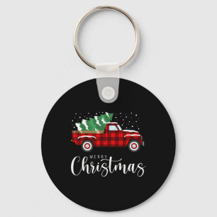 Merry Christmas Red Truck Buffalo Plaid Xmas Retro Key Ring
