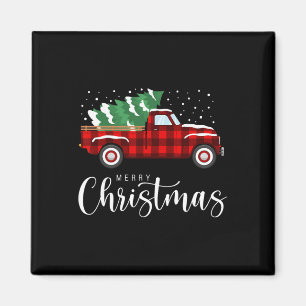 Merry Christmas Red Truck Buffalo Plaid Xmas Retro Magnet