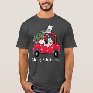 Merry Christmas Red Truck Cat Lover Pajama  T-Shirt