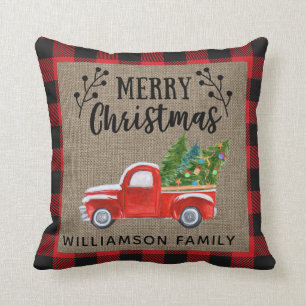 Merry Christmas Red Truck Red Buffalo Check Family Cushion