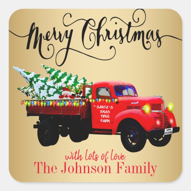 Merry Christmas Red Truck Square Sticker (Front)