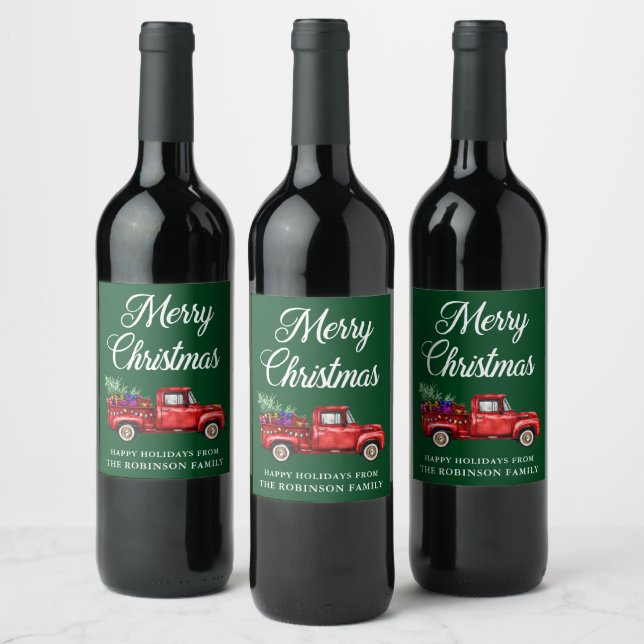 Merry Christmas Red Truck Tree Gifts Lights Green Wine Label (Bottles)