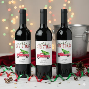 Merry Christmas Red Truck Tree Holiday Watercolor Wine Label