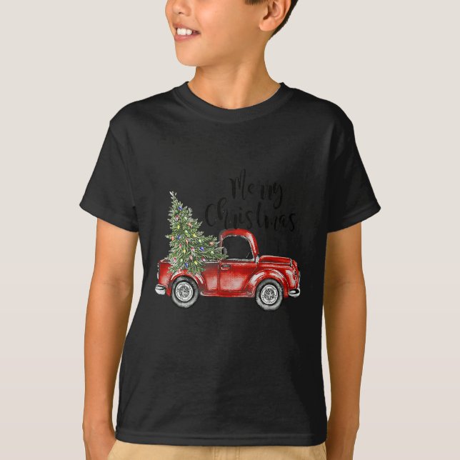 Merry Christmas Red Truck Tree Light Funny Family  T-Shirt (Front)