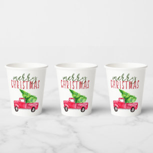 Merry Christmas Red Truck Typography Tree Festive Paper Cups