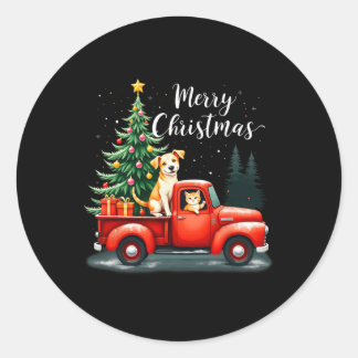 Merry Christmas Red Truck With Dog &amp; Cat Xmas  Classic Round Sticker
