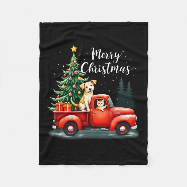 Merry Christmas Red Truck With Dog &amp; Cat Xmas  Fleece Blanket (Front)