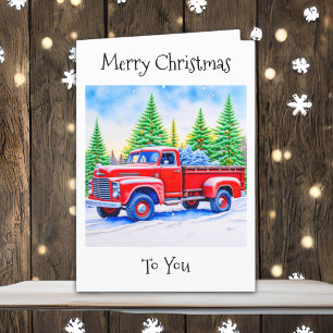 Merry Christmas   Red Truck with Pine Trees Holiday Card