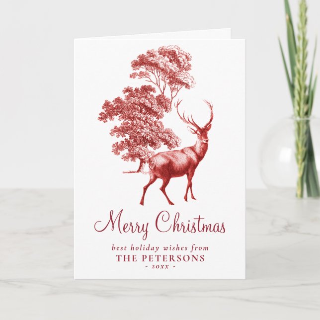 Merry Christmas Red Vintage Deer Card (Front)